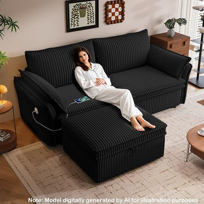 85'' Sofa Bed Full Size, Tool-Free Assembly, 3 in 1 Convertable Sleeper Sofa, Corduroy Couches with Pull Out Bed, USB & Storage, Modern Loveseat for Small Space, Living Room, Corduroy Black