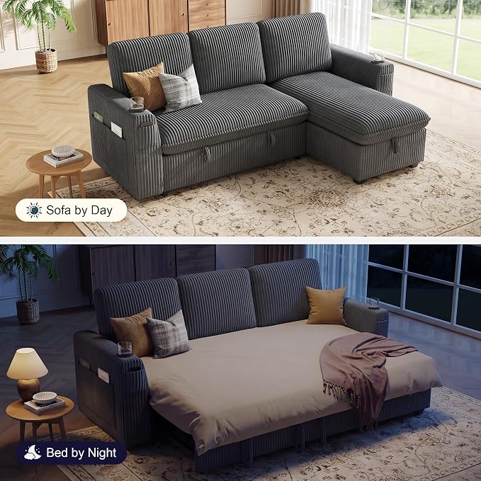 Sectional Sleeper Sofa with Pull Out Bed, Plush Corduroy Sectional Sofa with Storage Chaise and Adjustable Backrest, Cloud Sectional Couches for Living Room, Apartment, Light Grey
