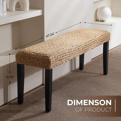 Entryway Bench with Solid Wood Acacia, 47" End of Bed Bench for Bedroom, Water Hyacinth Indoor Bench Seat, Boho Woven Bench for Living Room, Wicker Bench for Hallway or Kitchen, Wood Bench (Black Leg)