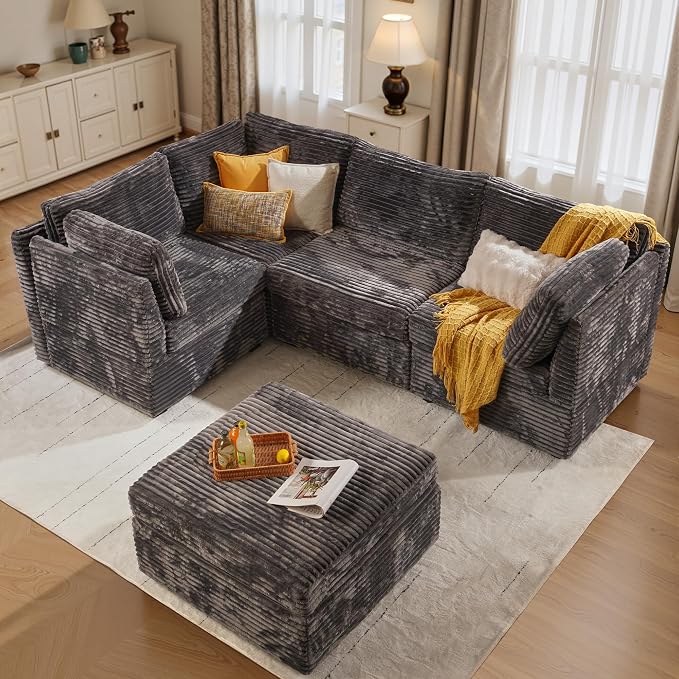 ovios Modular Sectional Sofa Couch with Sofa Bed L-Shape Chaise, Comfy Plush Corduroy Cloud Couches, Modern Luxury Deep Seat Sofas Set for Living Room, 5-Seater, Grey
