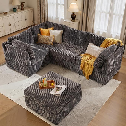 ovios Modular Sectional Sofa Couch with Sofa Bed L-Shape Chaise, Comfy Plush Corduroy Cloud Couches, Modern Luxury Deep Seat Sofas Set for Living Room, 5-Seater, Grey