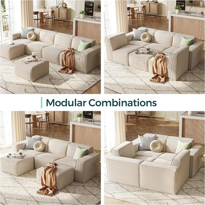 LINSY HOME Modular Sectional Sofa Sets, 105" Boneless 3-Seat Sofa Bed, Large Corduroy Sectional Cloud Couches for Living Room, No Assembly Required, Beige