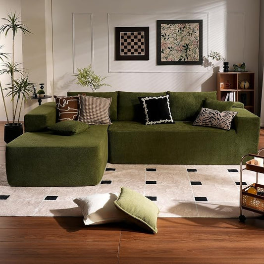 ovios 104" Cloud Boneless Couch with L-Shape Chaise,Modern Sectional Modular Sofa with Deep Seat, Upholstered Couches for Living Room Bedroom,No Assembly Required, Green (Cloud Velvet)