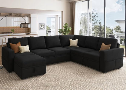 HONBAY Sectional Sleeper Couch with Pull Out Bed, U Shaped Sectional Sofa with Storage, Modular Velvet Sectional Couches for Living Room, Black
