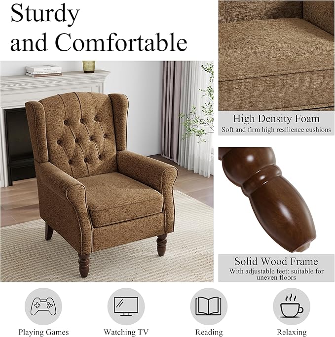 Mid-Century Modern Wingback Chair - Plush Upholstered Accent Armchair with Solid Oak Legs, Ergonomic High Back Lounge Chair for Living Room, Bedroom & Office - Retro Modern Reading Chair Creamy Brown