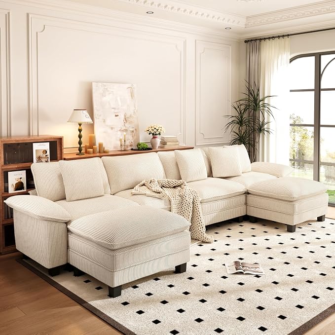 PHI VILLA Cloud Modular Couch Sets, 157.5" Oversized Large Sectional Sofa with U-Shaped Chaise, 6-Seater Couches with Movable Ottomans for Living Room, Corduroy Beige