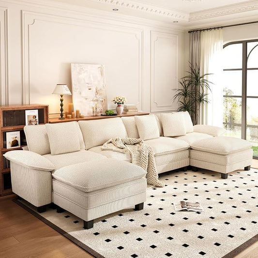 PHI VILLA Cloud Modular Couch Sets, 157.5" Oversized Large Sectional Sofa with U-Shaped Chaise, 6-Seater Couches with Movable Ottomans for Living Room, Corduroy Beige