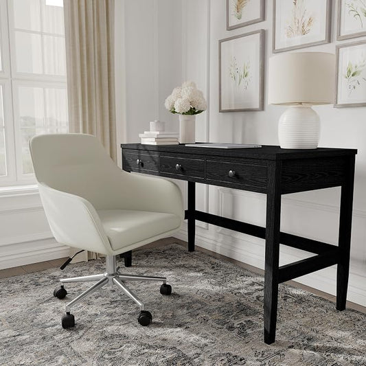 Martha Stewart Rayna Swivel Task Chair with Flared Arms for Home Office in Light Gray Fabric with Polished Nickel Frame