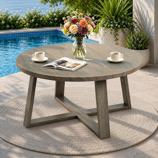 Indoor Round Coffee Table with 35.5” Woodgrain Finish Table Top, Outdoor Metal Modern Side Table 125lbs for Backyard Porch Balcony Living Room, Brown