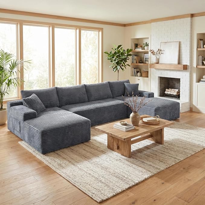 132" Oversized U-Shaped Cloud Sectional Couch Plush Corduroy Boneless Symmetrical Sofa, Front Facing Modular Compressed Boneless Sectional Sofa with Double Chaise Lounges