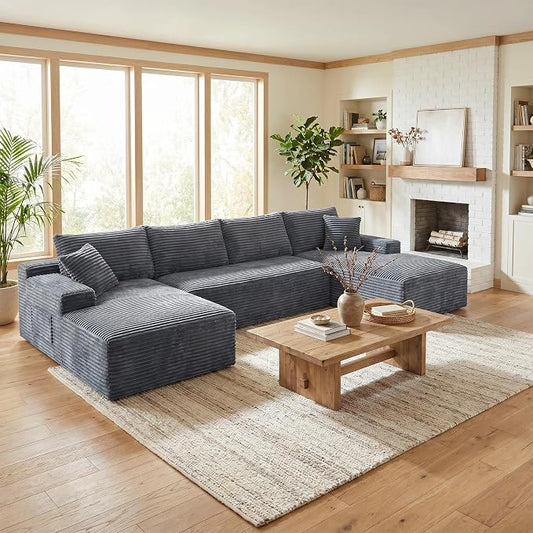 132" Oversized U-Shaped Cloud Sectional Couch Plush Corduroy Boneless Symmetrical Sofa, Front Facing Modular Compressed Boneless Sectional Sofa with Double Chaise Lounges