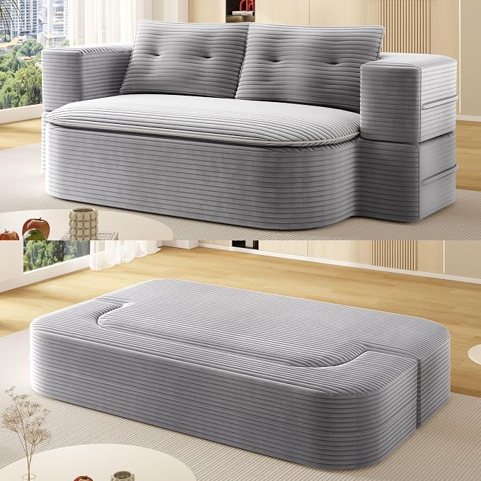 78.7" Futon Sofa Bed, 2-in-1 Foldable Sleeper Sofa, Convertible Floor Couch with Pillows, Corduroy Couch with Multi Functional Blanket Upholstered Boneless Couches for Living Room, Light Gray