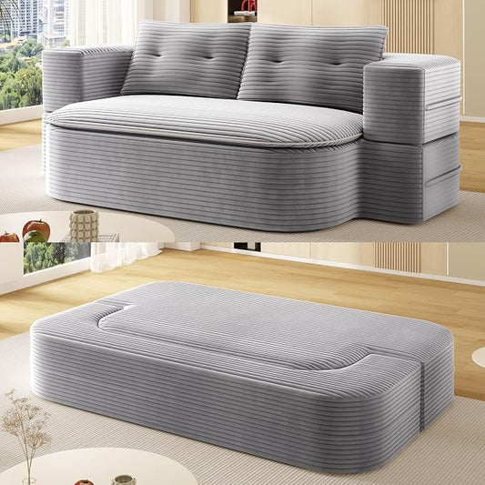 78.7" Futon Sofa Bed, 2-in-1 Foldable Sleeper Sofa, Convertible Floor Couch with Pillows, Corduroy Couch with Multi Functional Blanket Upholstered Boneless Couches for Living Room, Light Gray
