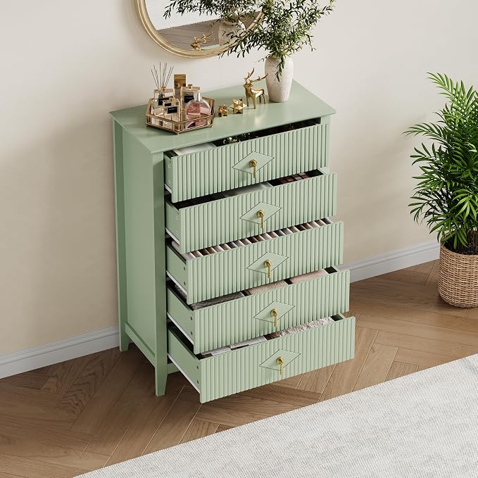 GarveeHome Fluted Dresser for Bedroom, 42.9" Tall 5-Drawer Wood Dresser, Modern Chest of Drawers, Storage Organizer Cabinet for Living Room, Hallway, Entryway, Green