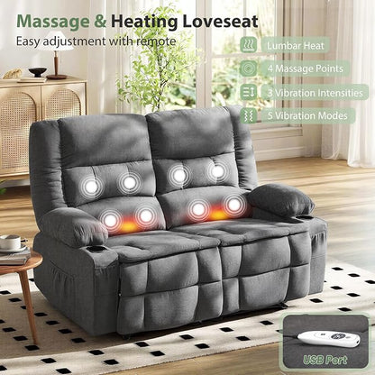 Loveseat Recliner Sofa with Massage and Heat, Wall Hugger Reclining Loveseat with USB Port, Cup Holders & Pockets, 2-Seat Recliner for Living Room, RV, Home Theater, Reclining Couch, Grey