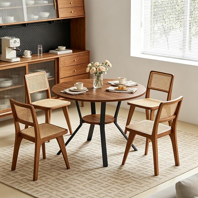 Dining Table for 2-4, 43“ Round Dining Room Kitchen Table with Storage,Round Table for Living Room,Fluted Wood Table,Oval Dinner Furniture with Adjustable feet (Walnut, 43 Inch)