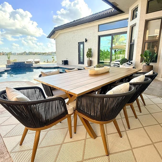 PURPLE LEAF 9 Pieces Patio Dining Set Wicker Outdoor Furniture Rectangular Table and Chairs Set for Garden Deck Teak-Finish Aluminum Frame Backyard Kitchen Set, Cushions and Pillows Included