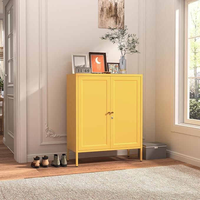 Accent Cabinet Locker, Square Storage Cabinet 36 Inch High, Freestanding Metal Storage Cabinet with 2 Doors and 2 Adjustable Shelves, Multifunctional Cabinet for Home, Hallway and Office Yellow