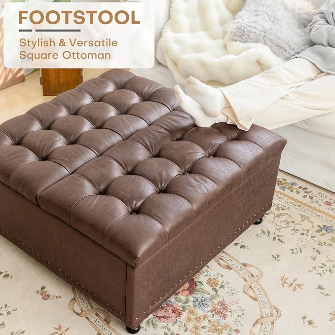 Redlife 35 Inch Large Square Storage Ottoman, Storage Ottoman Coffee Table with Lift Top Faux Leather Ottomans Bench Square Footrest Oversized Upholstered Coffee Table for Living Room (Dark Brown)
