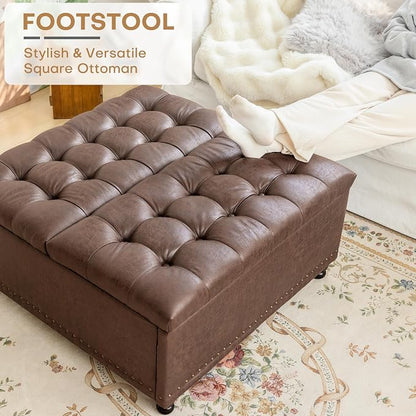 Redlife 35 Inch Large Square Storage Ottoman, Storage Ottoman Coffee Table with Lift Top Faux Leather Ottomans Bench Square Footrest Oversized Upholstered Coffee Table for Living Room (Dark Brown)
