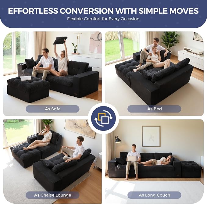 MAXYOYO L Shape Sectional Sofa Couch and Round Chaise Lounge, Modern Cloud Couch with Ottoman, Comfy Sofa with Layered Cushion, Tufted Upholstered Chair for Living Room, No Assembly Required