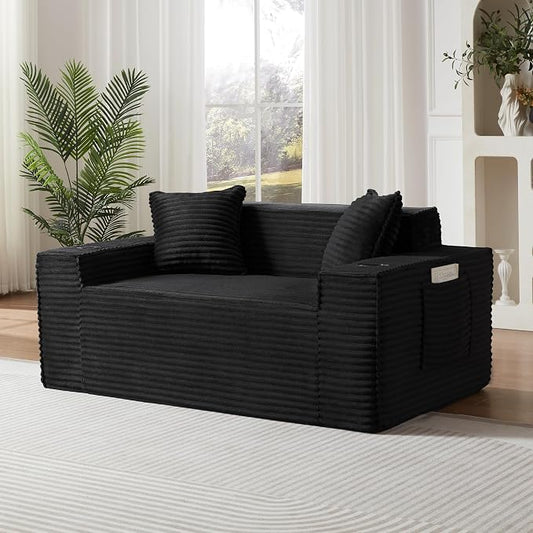 Boneless Sectional Sofa Couch with Cup Holders & Side Pockets, Modern Corduroy Fabric Deep Seat Loveseat Cloud Couch for Living Room Office, No Assembly (Black)