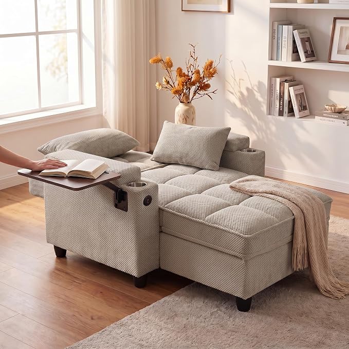 Convertible Sleeper Chair, Pull Out Sofa Bed with Adjustable Backrest & Hidden Storage Armrest, Single Sofa Recliner with USB Charging Port & Cup Holders for Living Room, Bedroom, Khaki