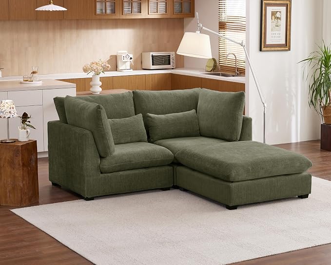 77" Oversized Chenille Couch Modular Sectional Sofa, Washable Cloud Couch Sectional with Ottoman, 3 Seater Sectional Couches for Living Room, Fully Cover Removable, L Shaped, Chenille, Green