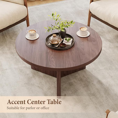 Luoxiao Round Coffee Table, 31.5" Mid Century Modern Center Tables, Walnut | Triangle Base with Anti Slip Feet for Stability, Circle Accent Table for Living Room, Apartments, Space-saving, Easy Assembly