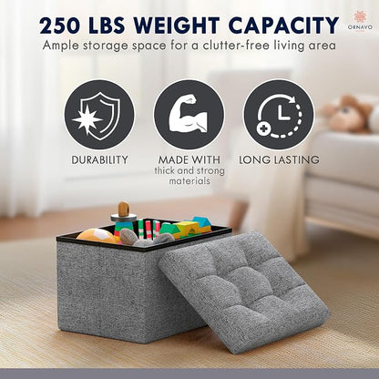 Ornavo Home Small Storage Ottoman, Set of 2, Foldable Collapsible Rectangle Linen Ottoman Foot Rest Stool Seat, for Living Room, Bedroom, Home Office, Dorm - 12 x 16 x 12, Gray