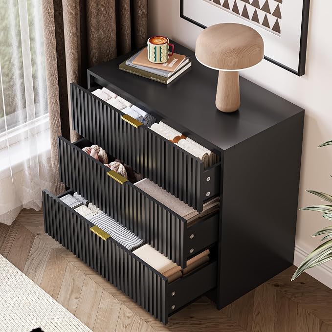 MAISONARIA 3-Piece Dresser Bedroom Set, 5 Drawer Dresser & 3 Drawer Nightstands with Gold Handles, Fluted Wood Chest of Drawers for Bedroom, Living Room, Entryway, Black