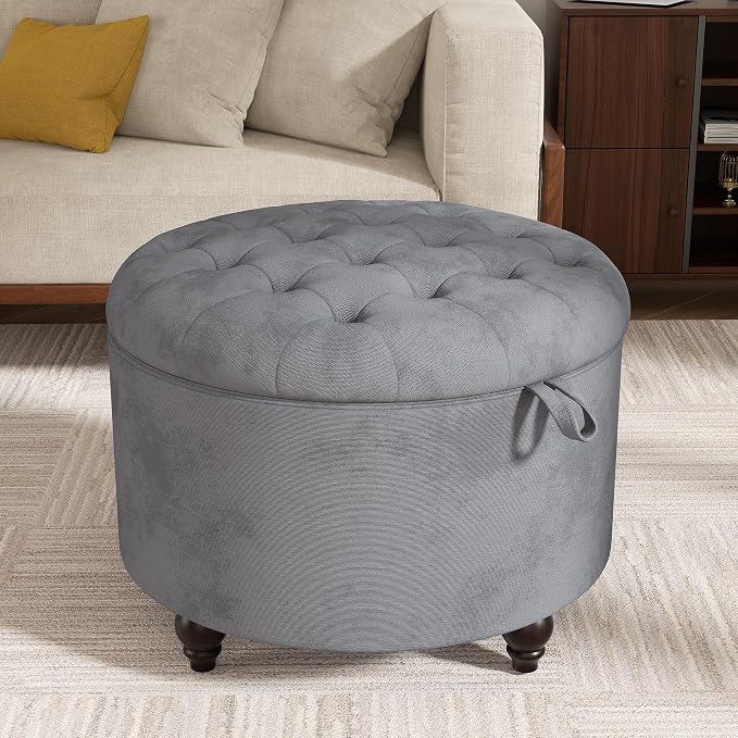24 Inch Round Storage Ottoman,Modern Tufted Ottomans,Circular Coffee Table with Removable Top,Upholstered Large Ottoman with Storage Footrest Stool for Bedroom Living Room (Lightgrey)