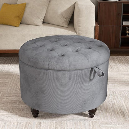 24 Inch Round Storage Ottoman,Modern Tufted Ottomans,Circular Coffee Table with Removable Top,Upholstered Large Ottoman with Storage Footrest Stool for Bedroom Living Room (Lightgrey)