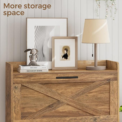 Homleke Farmhouse Shoe Storage Cabinet with Flip Drawers & Barn Door Design | Slim Narrow Shoe Rack Cabinet with Adjustable Shelves & Hidden Storage for Entryway, Hallway, Living Room, Rustic Walnut
