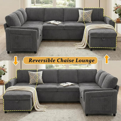 Sectional Sleeper Sofa with Pull Out Bed, 7 Seats U Shaped Modular Sectional Sofa with Storage, USB Ports, Cup Holders, Plush Corduroy Cloud Sectional Couches for Living Room, Dark Grey