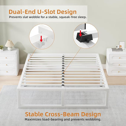 King Size Bed Frame, 14 Inch Metal Platform Bed Frames with Squeak Free U-Slot Design, 6 Non-Slip Guards, 3500lbs Heavy Duty Steel Slat Support, No Box Spring Needed, Under Bed Storage, White