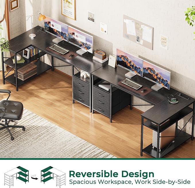 Huuger L Shaped Office Desk with Power Outlets, 55 Inch Computer Desk with 3 Drawers, Shelves, Reverisble for Gaming Corner Work Home Office Study, Black