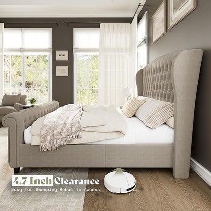AMERLIFE King Size Platform Bed Frame, Linen Upholstered Sleigh Bed with Scroll Wingback Headboard & Footboard/Button Tufted/No Box Spring Required/Khaki