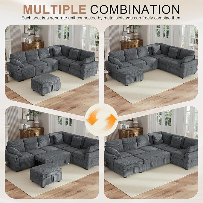Hanherry 106" Sectional Sofa with Pull Out Couch Bed,6 Seater Corduroy Sleeper Sofa with Storage Ottoman & USB Charging,Comfy L Shaped Modular Couches for Living Room,Apartment