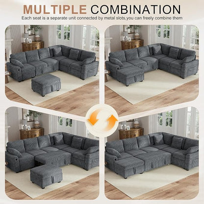 Hanherry 106" Sectional Sofa with Pull Out Couch Bed,6 Seater Corduroy Sleeper Sofa with Storage Ottoman & USB Charging,Comfy L Shaped Modular Couches for Living Room,Apartment
