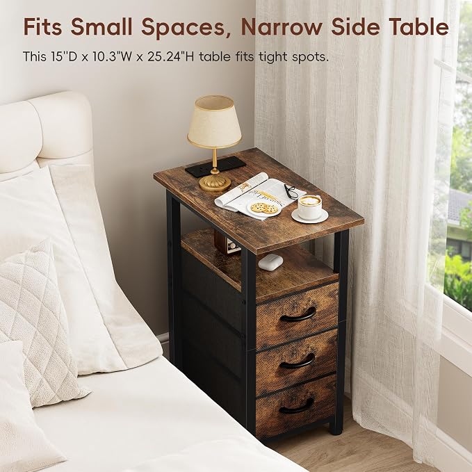 Vagusicc End Table with Charging Station, Narrow Side Table, Narrow Nightstand with 3 Fabric Drawers, Slim Sofa Side Table for Small Spaces, Small Night Stand for Bedroom, Rustic Brown