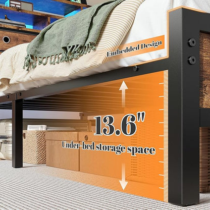 Homkdom King Bed Frame with 3-Tier Storage Headboard & 4 Fabric Drawers, Metal Platform Bed Frame with LED Light & Charging Station,Noise-Free,No Box Spring Needed,Easy Assembly,Rustic Brown