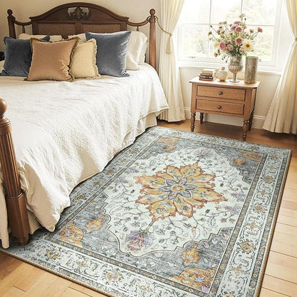 RELEANY Area Rugs 5'x7' Washable Non-Slip, Floral Vintage Distress Medallion Carpet for Living Room Bedroom Dining Room, Beige Carbon Grey Orange