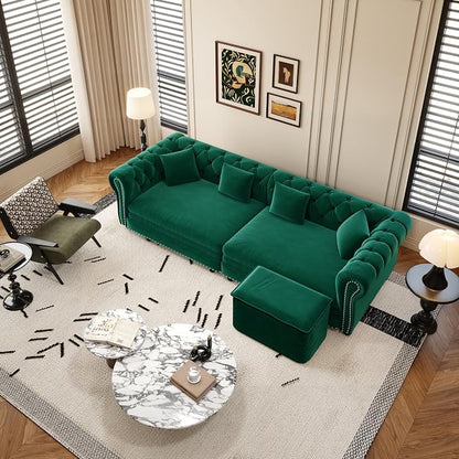 89" Velvet Pull Out Couch Bed - 3-in-1 Convertible Sleeper Sofa with Ottoman, Button Tufted Chesterfield Sofa, King Size Pull Out Sofa Bed, Space Saving for Small Spaces Apartments, Living Room,Green