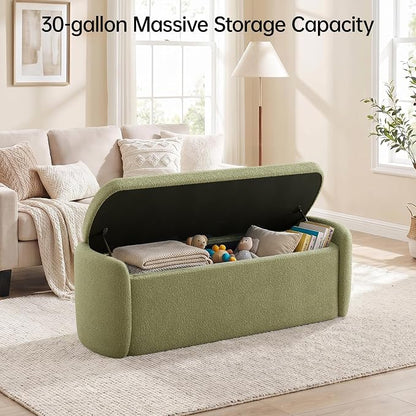 VKNOW 51" Storage Ottoman Bench, Upholstered End of Bed Bench with Smooth Hinges, Oval Large Ottoman Bench for Bedroom, Living Room and Hallway Entryway, Light Green