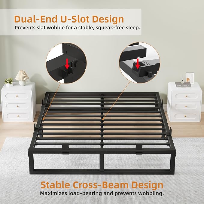 Full Size Bed Frame, 12 Inch Metal Platform Bed Frames with Squeak Free U-Slot Design, 6 Non-Slip Guards, 3500lbs Heavy Duty Steel Slat Support, No Box Spring Needed, Under Bed Storage, Black