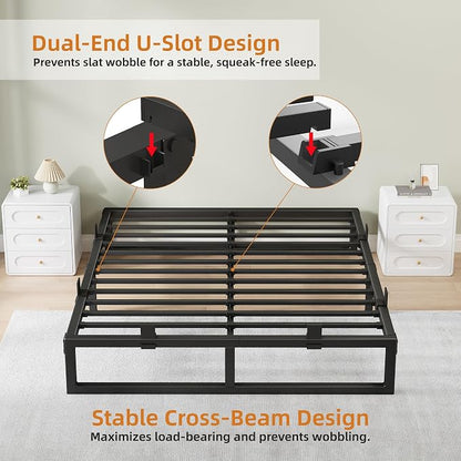 Full Size Bed Frame, 10 Inch Metal Platform Bed Frames with Squeak Free U-Slot Design, 6 Non-Slip Guards, 3500lbs Heavy Duty Steel Slat Support, No Box Spring Needed, Under Bed Storage, Black