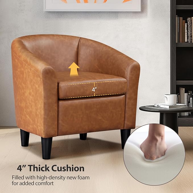 Topeakmart Accent Chair, PU Leather Modern Barrel Chair Club Armchair with Soft Padded for Living Room Bedroom, Brown