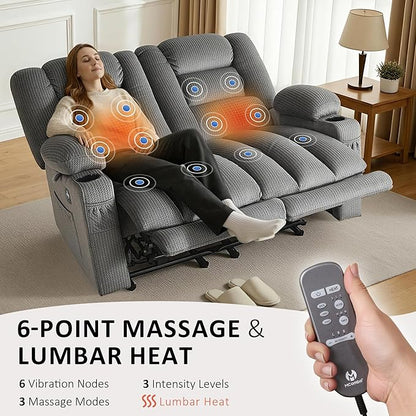 MCombo 55.9" Zero Gravity Power Loveseat Recliner with Heat and Vibration Massage, Reclining Loveseat Sofa with USB Ports, Cup Holders for Living Room, Fabric PR648SET (Grey)