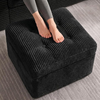 23.6in Pouf Ottoman, Corduroy Ottoman Foot Rest with Dual‑Layer Support, Large Plush Pouf with Soft Chunk‑Foam Top & Firm Foam Base, Floor Foot Stool for Living Room, Black